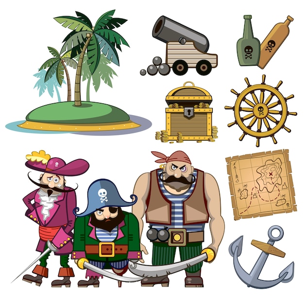 Free Vector vector pirate characters set in cartoon style. costume and palm, hook and island, wealth treasure, map and rum, cannon and adventure illustration