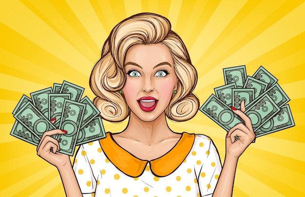 Vector pop art illustration of enthusiastic girl with cash. Blonde young woman holds money bills in hands. Advertising poster for the announcement of discounts and sales in the style of popart.