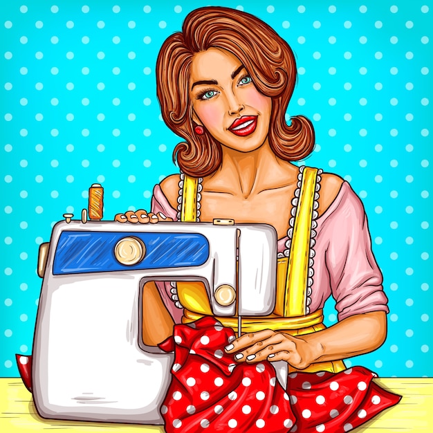 Free vector vector pop art illustration of a young woman dressmaker sewing on a sewing machine