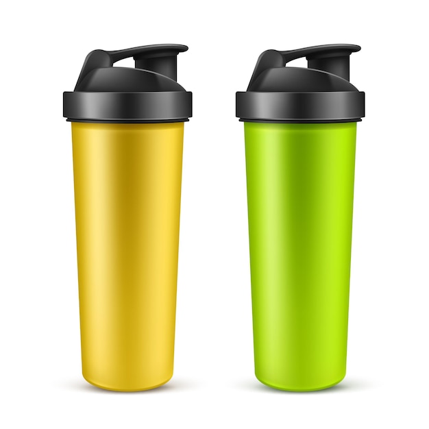 Free vector vector realistic 3d green and yellow empty drink shaker for sports nutrition, whey protein or gainer. plastic sport bottle, mixer or beverage container isolated on white background. accessory for gym.