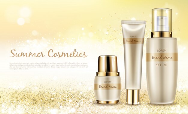 Vector realistic cosmetic background, promo banner for summer spf cosmetics. 