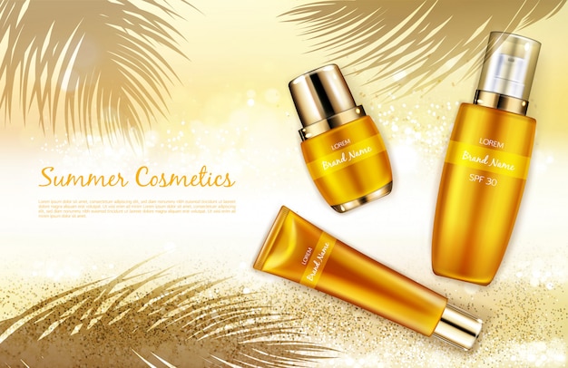 Vector realistic cosmetic background, promo banner for summer spf cosmetics. 