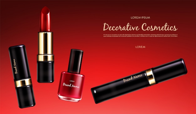 Free vector vector realistic cosmetic promo poster. banner with a female collection of makeup cosmetics, scarlet lipstick, nail polish and mascara on a red background. products for bright makeup