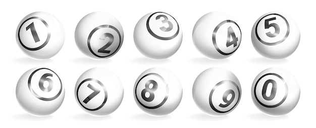 Vector realistic illustration of lotto white balls with grey numbers. Lottery gambling glossy spheres. Leisure sport game, snooker or billiard bingo ball isolated on white background.