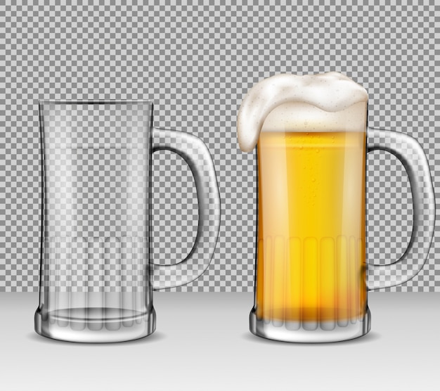 Free Vector vector realistic illustration of two transparent glass mugs - one full of beer with foam, the other is empty.