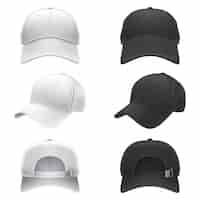 Free vector vector realistic illustration of a white and black textile baseball cap front, back and side view