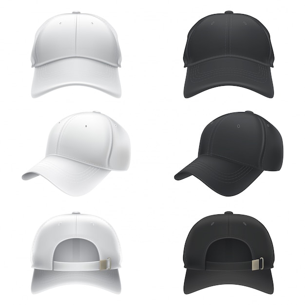 Free Vector vector realistic illustration of a white and black textile baseball cap front, back and side view