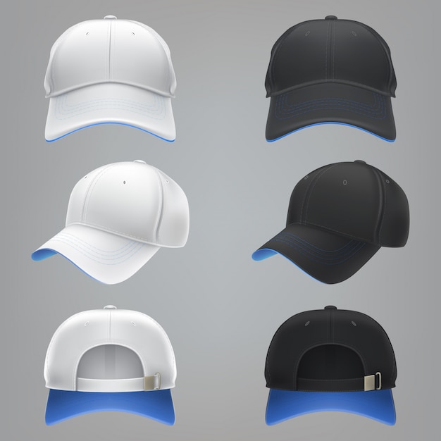 Vector realistic illustration of a white and black textile baseball cap front, back and side view