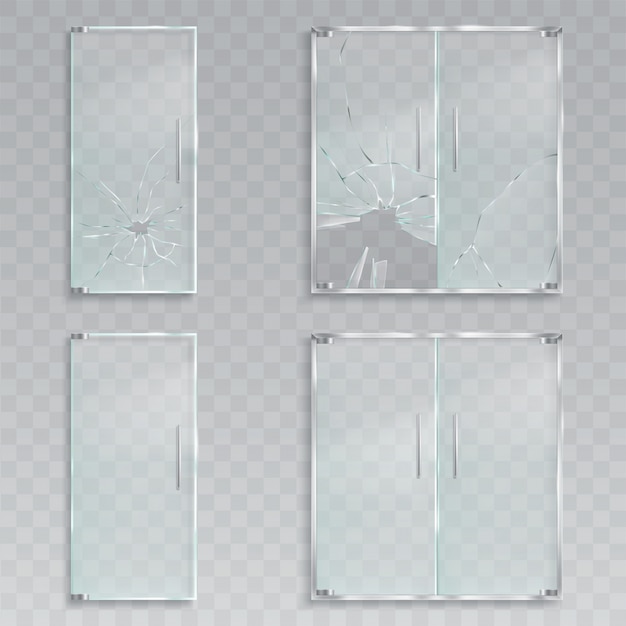 Vector realistic illustrations of a layout of an entrance glass doors with metal handles unscathed and broken glass