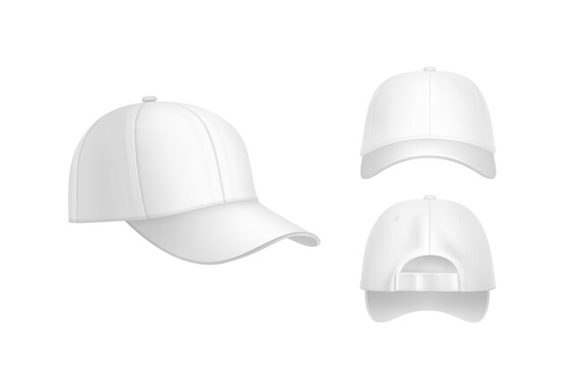 Vector realistic white baseball cap front, back and side view isolated on background