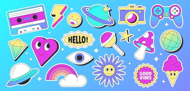 Free Vector vector retro style sticker pack with 90s elements