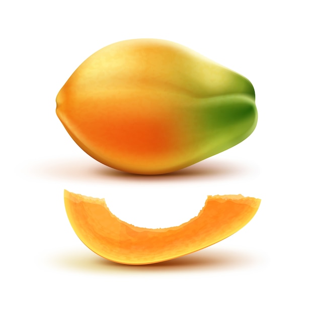 Free Vector vector ripe orange, green whole and cut papaya isolated on white background