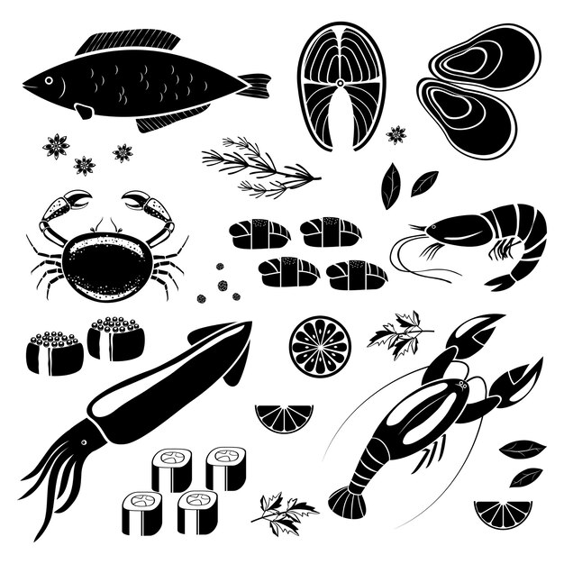 vector seafood icons black silhouettes