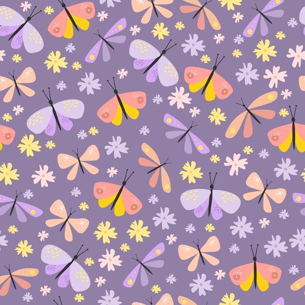 vector seamless pattern with butterflies and beetles