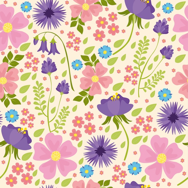 vector seamless pattern with wildflowers, pink and purple flowers