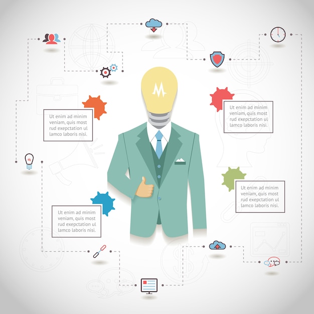 Free Vector vector seo infographic with man in suit with light bulb head and text blocks