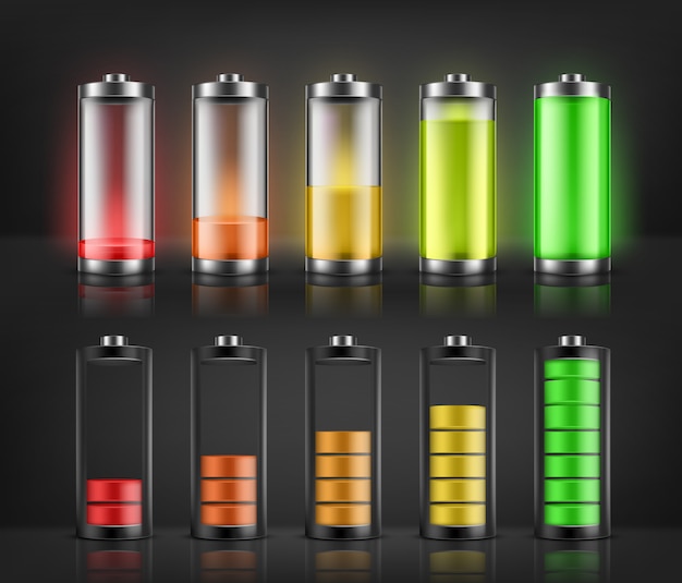 Free Vector vector set of battery charge indicators with low and high energy levels isolated on background. full