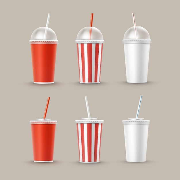 Vector Set of Blank Big Small Red White Striped Paper Cardboard Cups For Soda Cola Soft Drinks with Tube Straw Isolated on Background. Fast Food