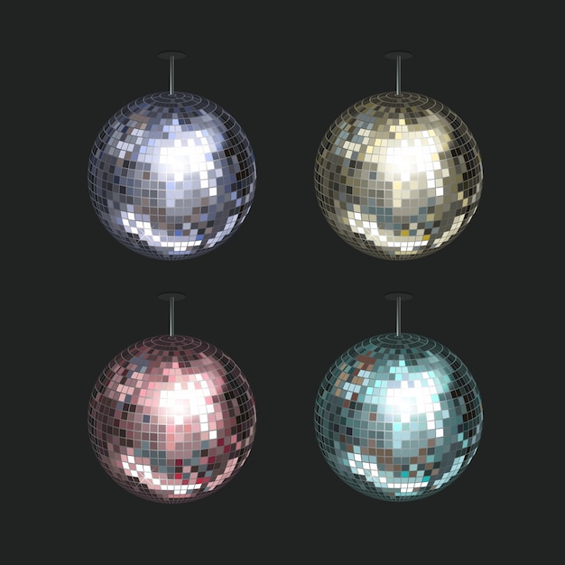 Vector set of blue, yellow, pink and purple disco balls isolated on dark 