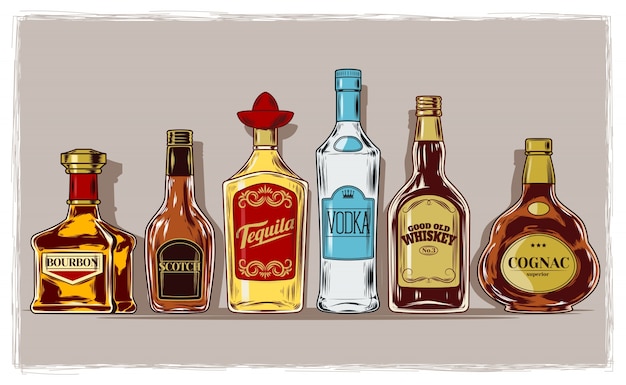 Vector set of bottles with alcohol and stemware