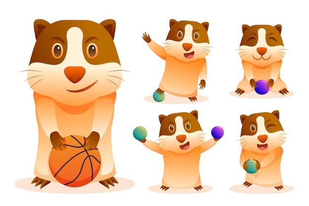 Vector set of cartoon style flat funny moles in different poses with sport item