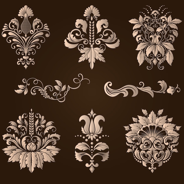 Vector set of damask ornamental elements. Elegant floral abstract elements for design. Perfect for invitations, cards etc.