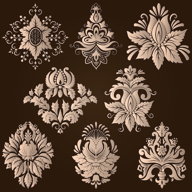 Vector set of damask ornamental elements. Elegant floral abstract elements for design. Perfect for invitations, cards etc.