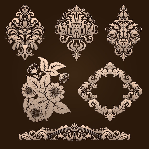 Vector set of damask ornamental elements. Elegant floral abstract elements for design. Perfect for invitations, cards etc.