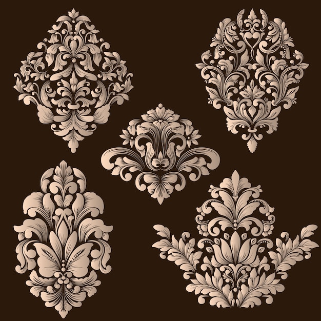 Vector set of damask ornamental elements. Elegant floral abstract elements