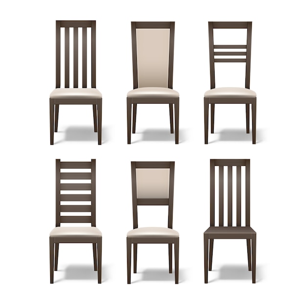 Free Vector vector set of different brown wooden room chairs with soft beige upholstery isolated on white background