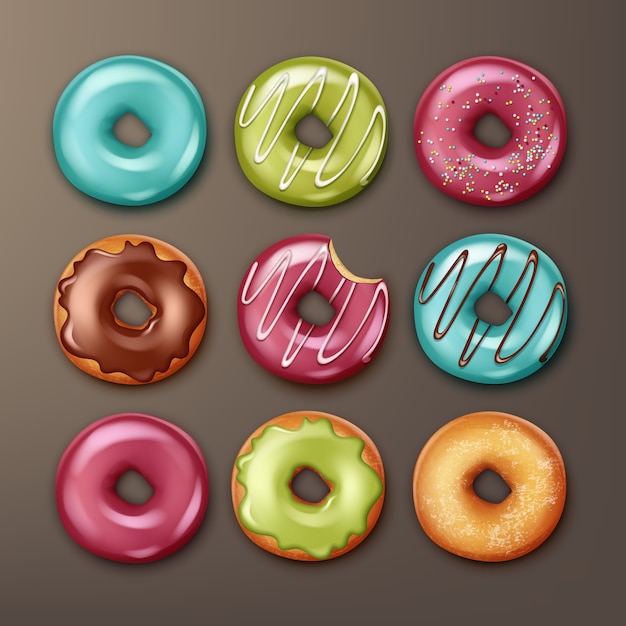 Free Vector vector set of different donuts with pink, blue, green, brown icing, white stripes and sprinkles top view isolated on background