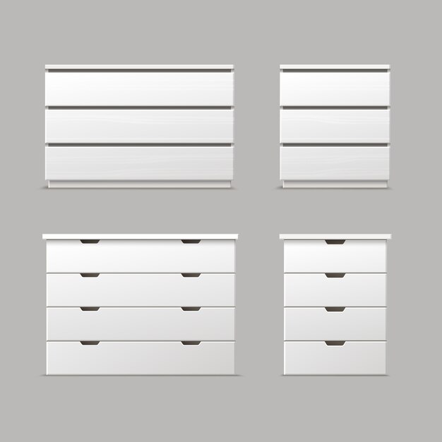 Vector set of different white drawers, nightstands or bedside tables front view isolated on background