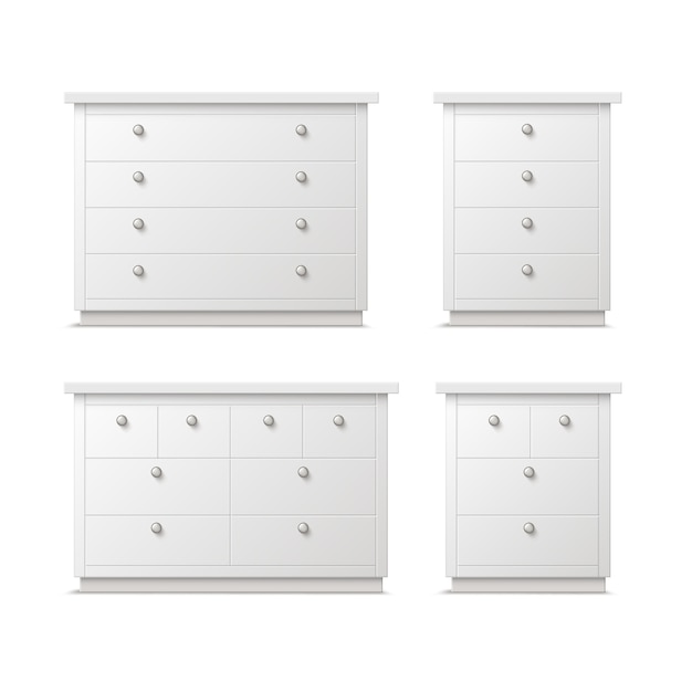 Free Vector vector set of different white drawers, nightstands or bedside tables with handles front view isolated on background