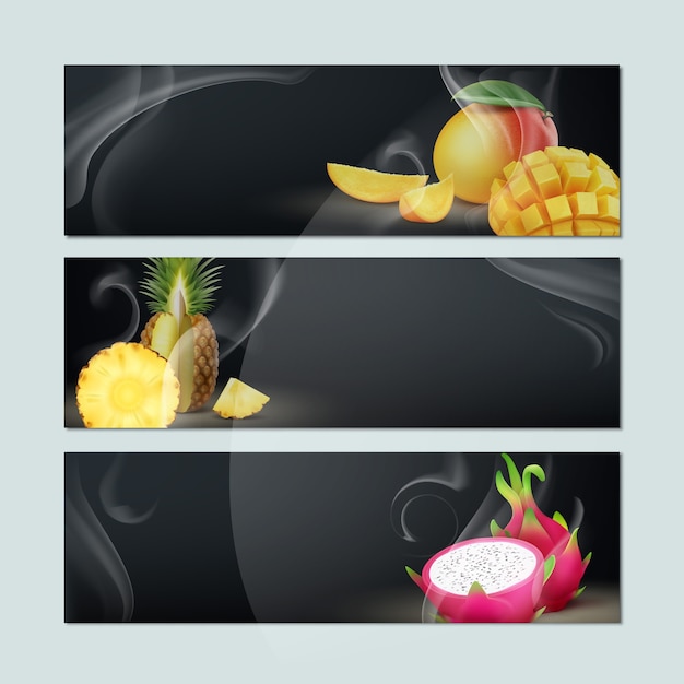 Free Vector vector set of empty banners with smoke, mango, pineapple, dragon fruit and black background for hookah tobacco advertising