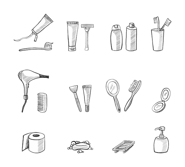 Vector set of icons Bathroom elements Toothbrush shampoo hairbrush toilet paper