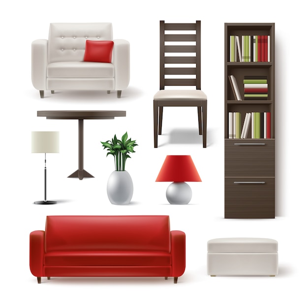 Free vector vector set of living room furniture brown wooden bookcase, dining chair, white armchair, round table, plant, floor lamp, pouf and red sofa isolated on background