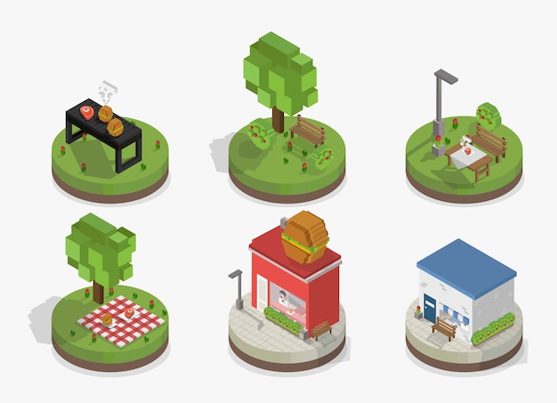 Vector set of pixelated park and city models