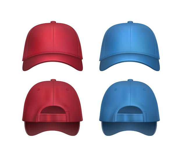 Vector set of realistic red, blue baseball caps side and back view isolated on white background