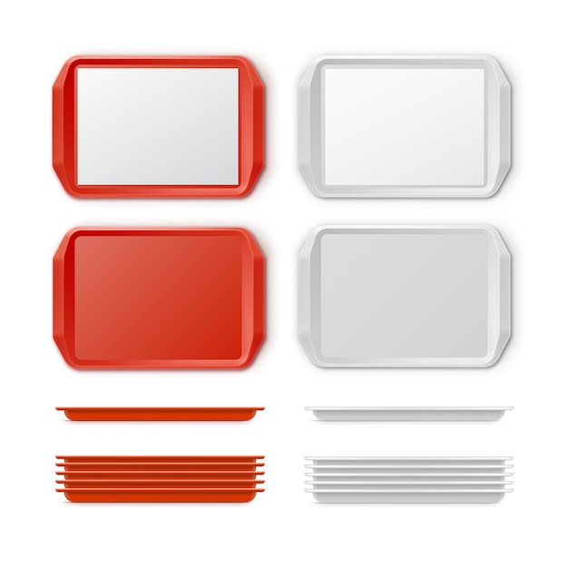 Vector Set of Rectangular Red White Plastic Tray salver with Handles Top View Isolated on Background