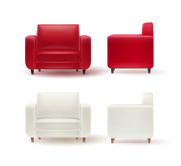 Vector set of red, white armchairs side and front view isolated on white background