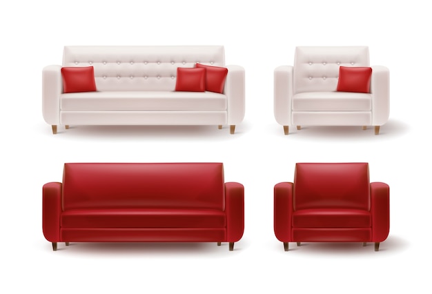 Free Vector vector set of red, white armchairs with sofas and cushions front view isolated on white background