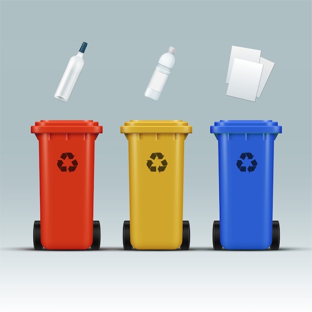 Free Vector vector set of red, yellow, blue recycle bins for glass, plastic, paper wastes