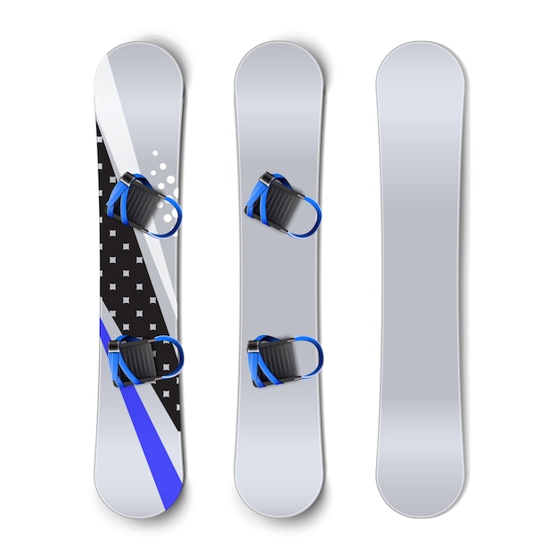 Vector set of snowboards: blank, with patterns and bindings front back view isolated on white background