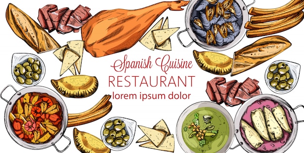 Free vector vector set of spanish tasty food. mussels, jamon bone, baguette, calzone, seafood soup, green beans or spinach puree