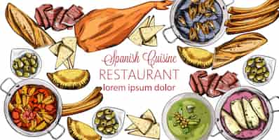 Free vector vector set of spanish tasty food. mussels, jamon bone, baguette, calzone, seafood soup, green beans or spinach puree