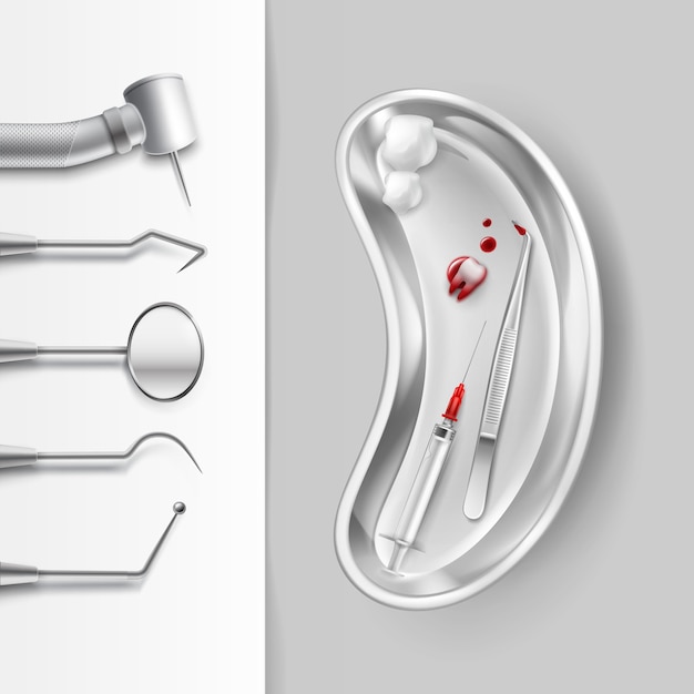 Free vector vector set of stainless dental tools mirror, drill, forceps, hook, syringe, plugger with cotton balls, blood and pulled tooth top view on background