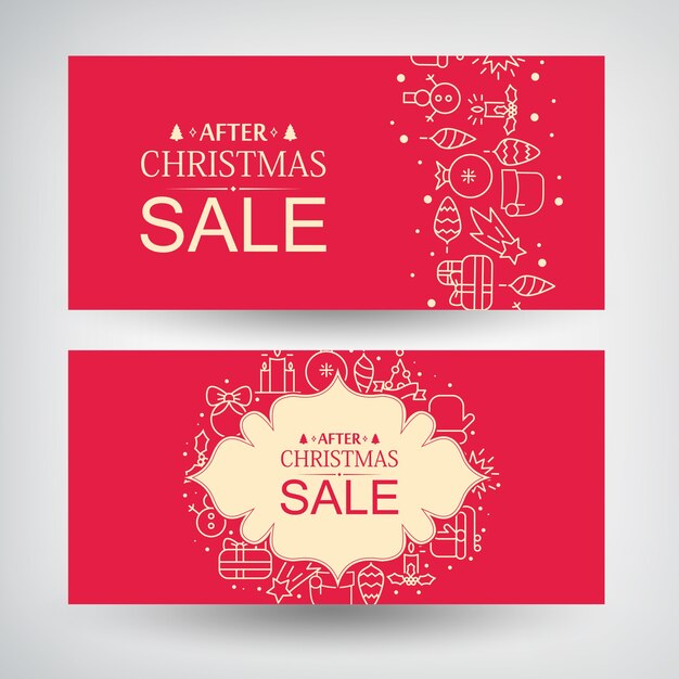 Vector set of two Christmas sale banners with information about discounts after Christmas and decorative gifts, traditional symbols