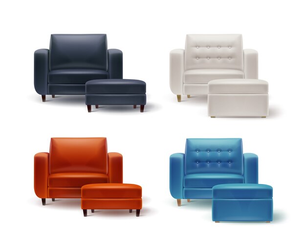 Vector set of white, orange, brown, black, blue armchairs with padded stools front view isolated on white background