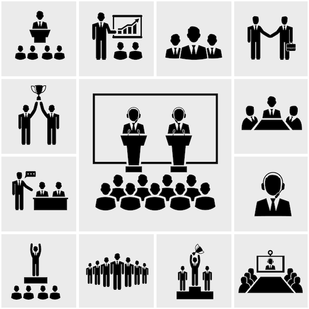 Vector silhouette business conference and presentation icons, meeting people