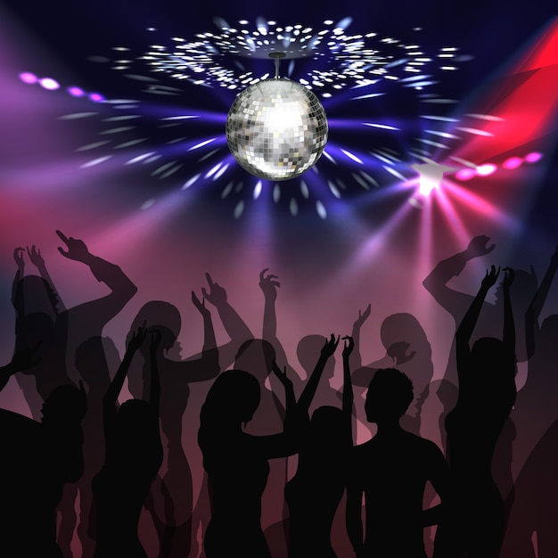 Free Vector vector silver mirror ball with glowing, spotlights and silhouettes of people on disco party